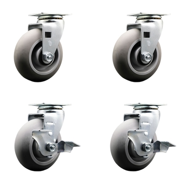 5 Inch Thermoplastic Rubber Swivel Caster Set with Roller Bearings 2 Brakes
